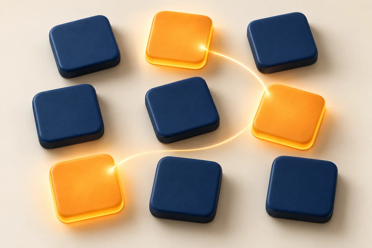 Blaue und orange leuchtende Felder als Symbol für räumliches Gedächtnis