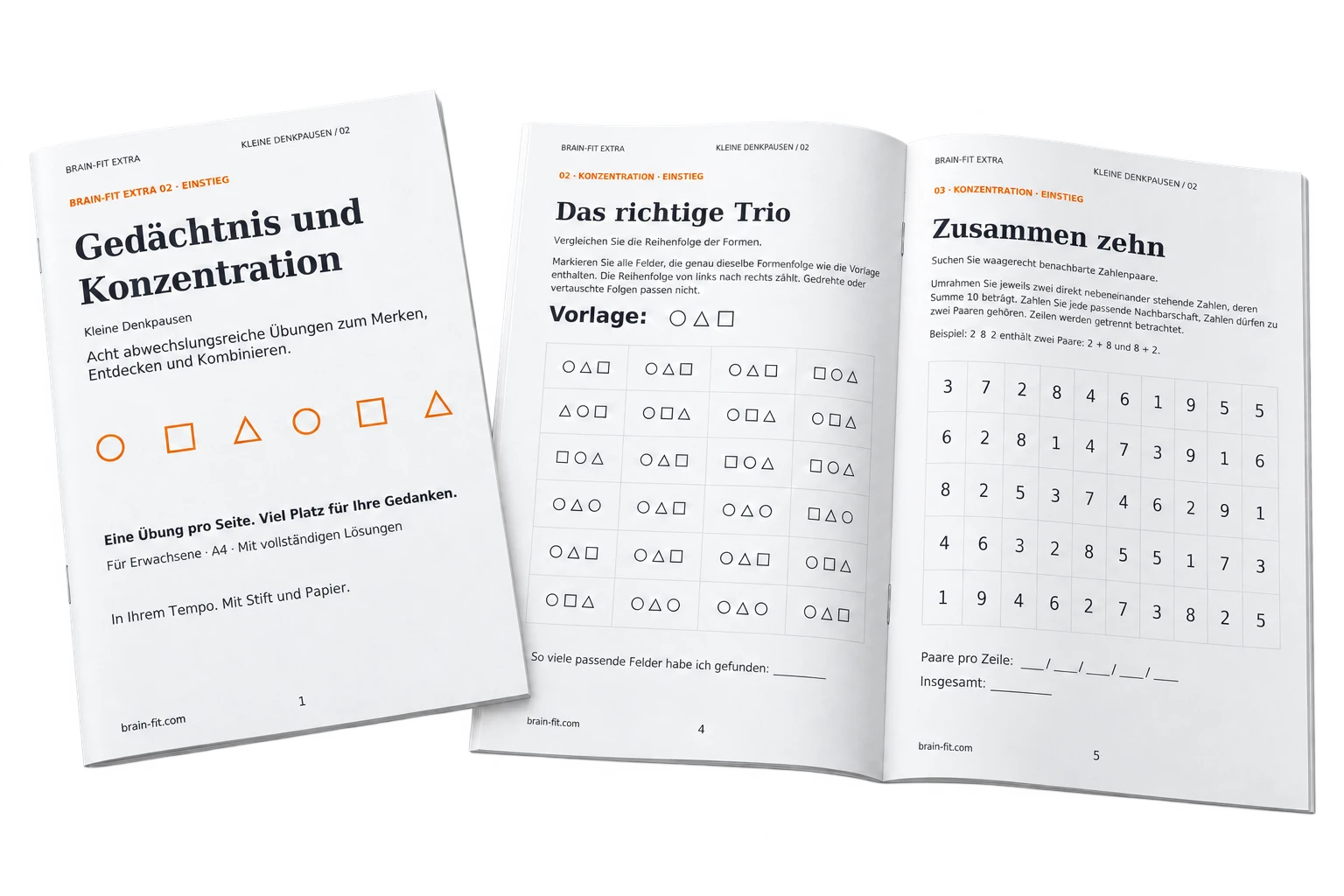 Brain-Fit-Broschüre Gedächtnis und Konzentration: Titelblatt und aufgeschlagene Übungsseiten Das richtige Trio und Zusammen zehn