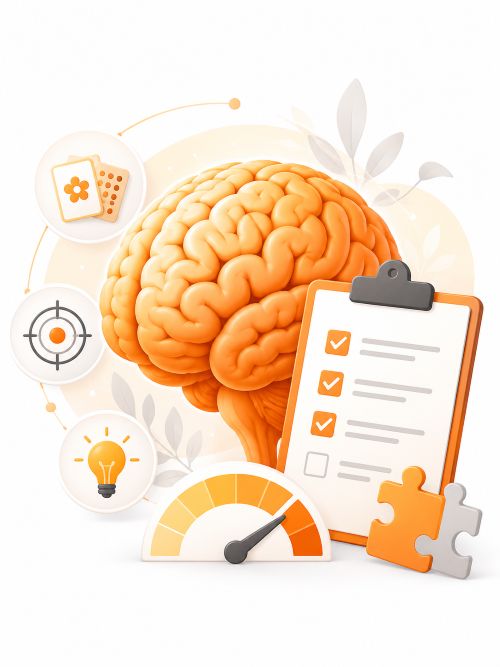 Illustration mit Gehirn, Checkliste und Symbolen für Gedächtnis und Konzentration