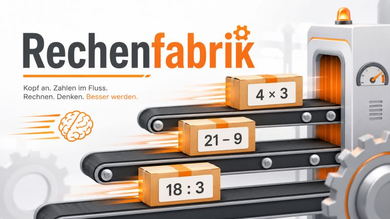 Rechenfabrik mit drei Förderbändern und Paketen mit Rechenaufgaben