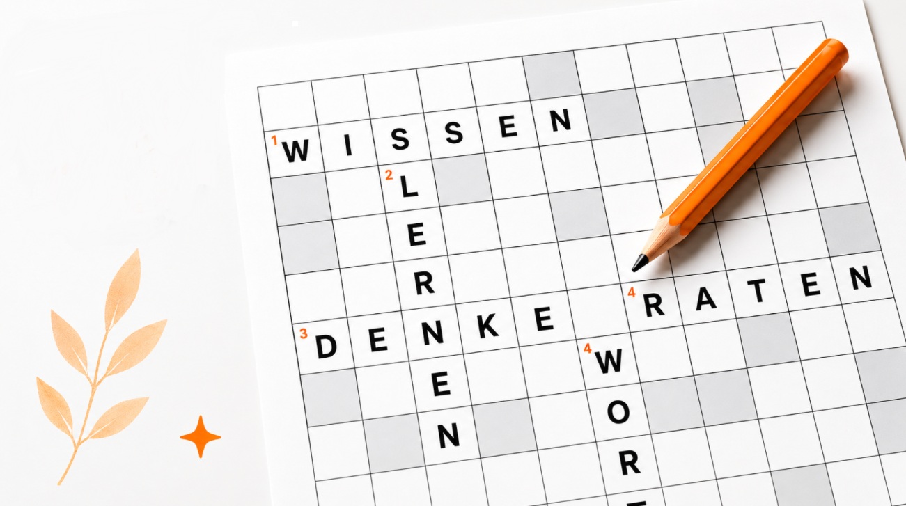 Kreuzworträtsel mit eingetragenen Begriffen und orangefarbenem Stift